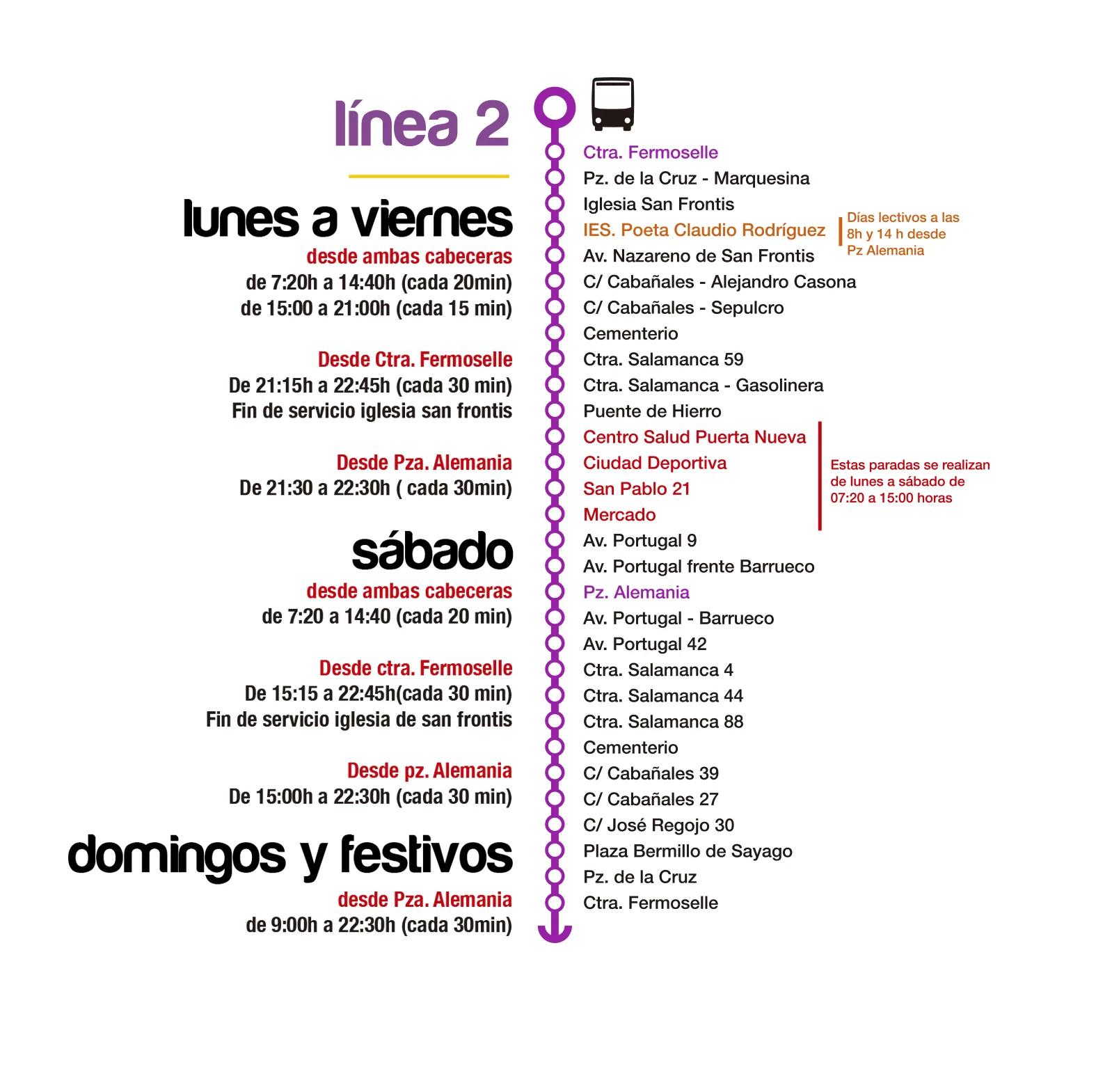 Paradas y horarios línea 2: Ctra. Fermoselle - Pza. Alemania